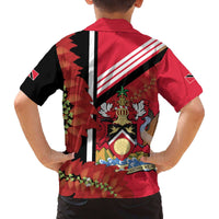 Trinidad and Tobago Family Matching Off The Shoulder Long Sleeve Dress and Hawaiian Shirt Coat Of Arms With Chaconia Flower