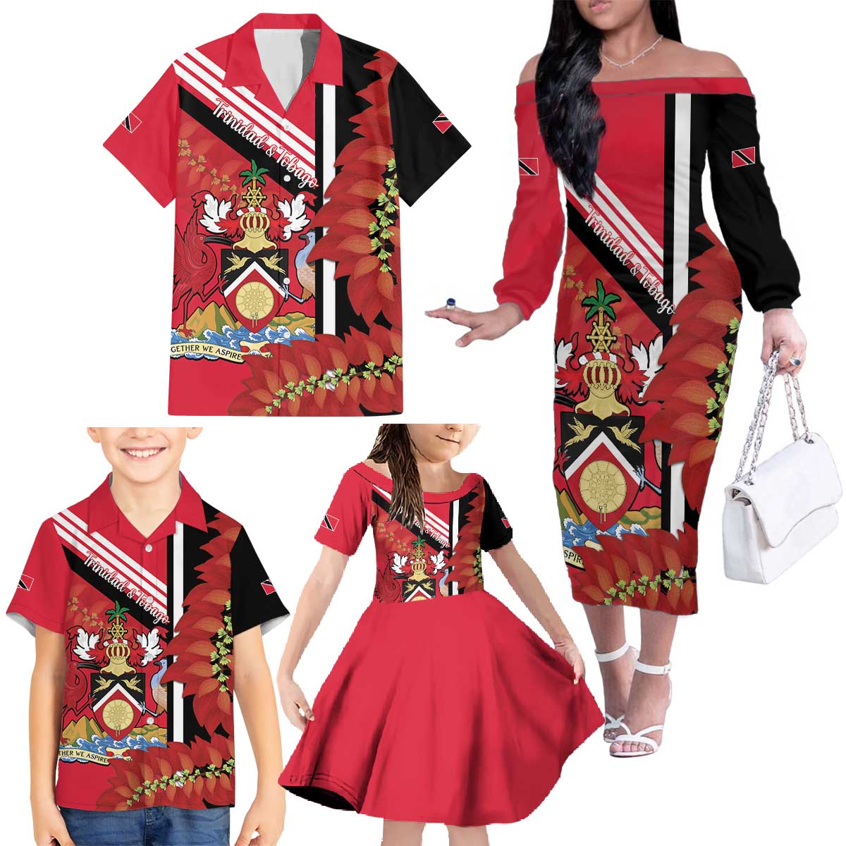 Trinidad and Tobago Family Matching Off The Shoulder Long Sleeve Dress and Hawaiian Shirt Coat Of Arms With Chaconia Flower