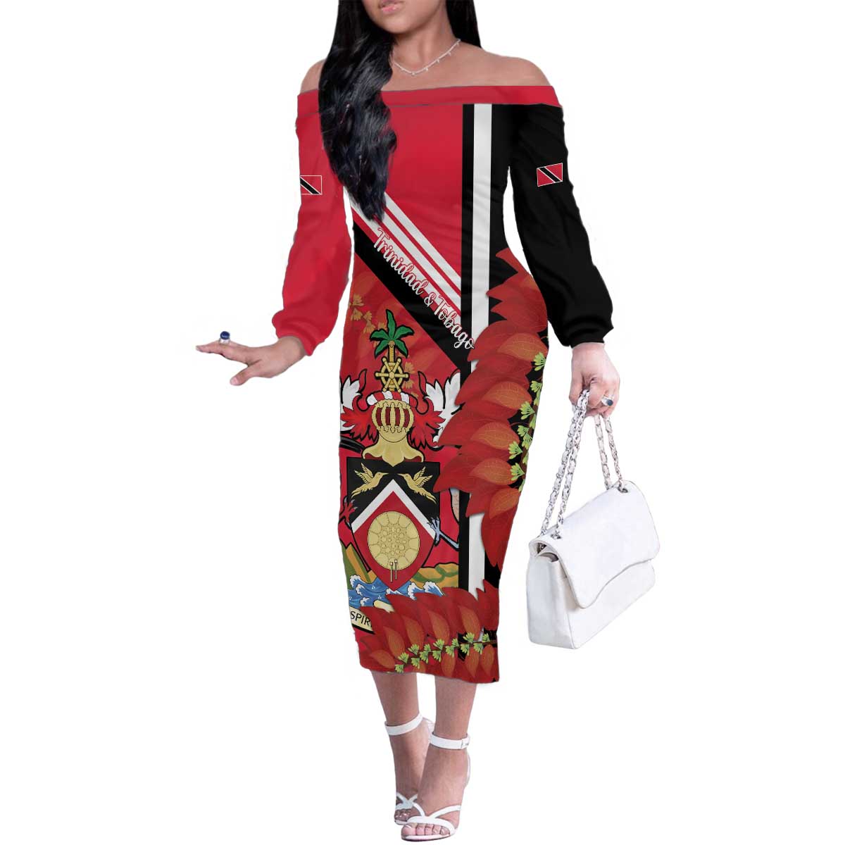 Trinidad and Tobago Family Matching Off The Shoulder Long Sleeve Dress and Hawaiian Shirt Coat Of Arms With Chaconia Flower