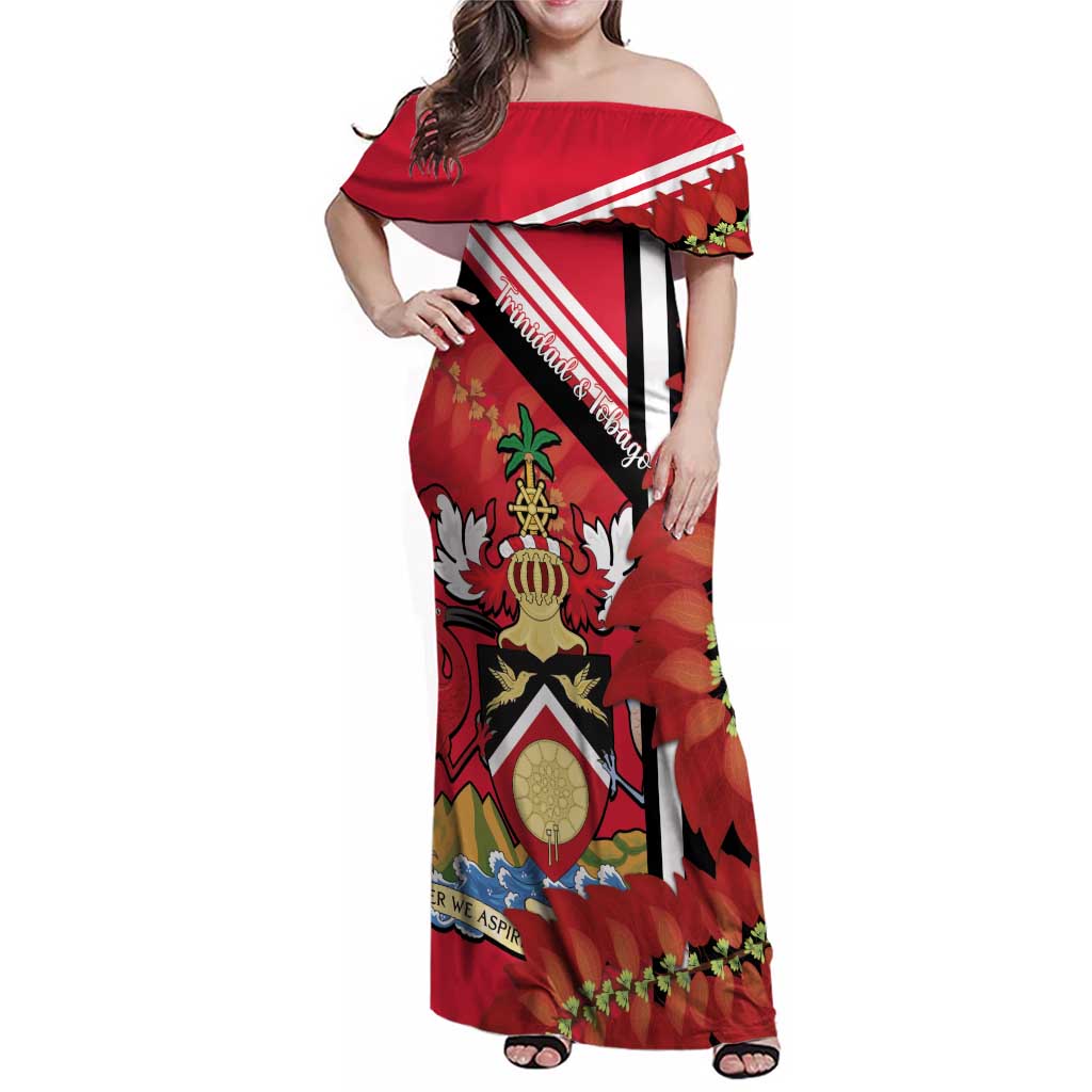 Trinidad and Tobago Family Matching Off Shoulder Maxi Dress and Hawaiian Shirt Coat Of Arms With Chaconia Flower