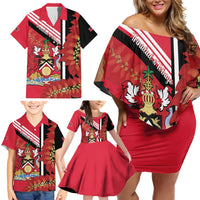 Trinidad and Tobago Family Matching Off Shoulder Short Dress and Hawaiian Shirt Coat Of Arms With Chaconia Flower
