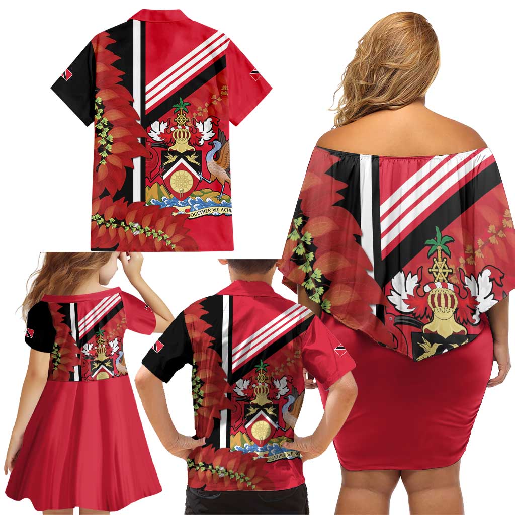 Trinidad and Tobago Family Matching Off Shoulder Short Dress and Hawaiian Shirt Coat Of Arms With Chaconia Flower