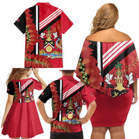 Trinidad and Tobago Family Matching Off Shoulder Short Dress and Hawaiian Shirt Coat Of Arms With Chaconia Flower