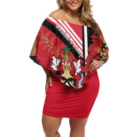 Trinidad and Tobago Family Matching Off Shoulder Short Dress and Hawaiian Shirt Coat Of Arms With Chaconia Flower