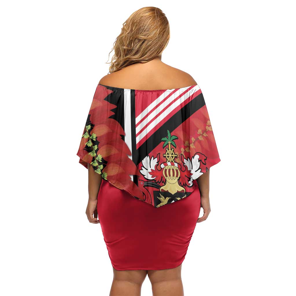 Trinidad and Tobago Family Matching Off Shoulder Short Dress and Hawaiian Shirt Coat Of Arms With Chaconia Flower