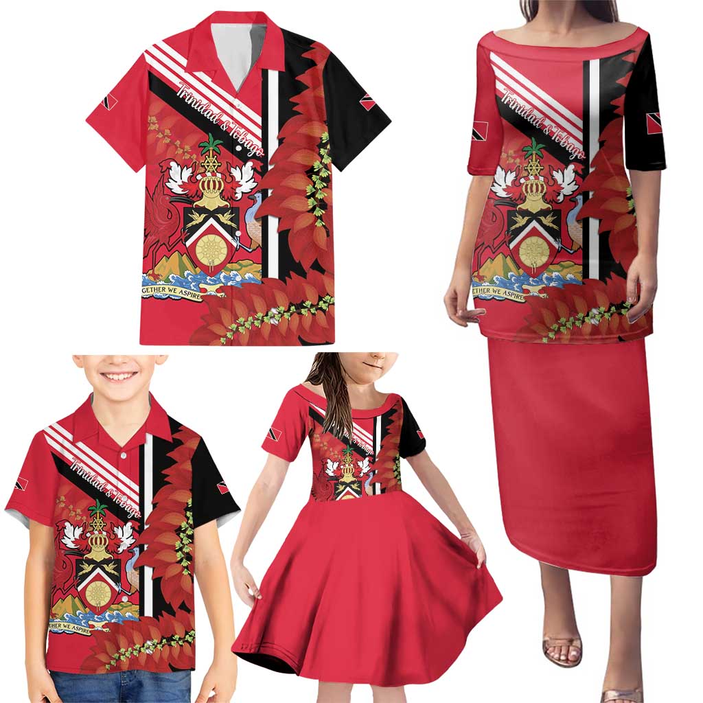 Trinidad and Tobago Family Matching Puletasi and Hawaiian Shirt Coat Of Arms With Chaconia Flower