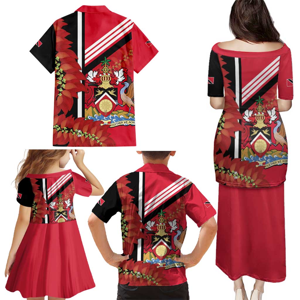 Trinidad and Tobago Family Matching Puletasi and Hawaiian Shirt Coat Of Arms With Chaconia Flower