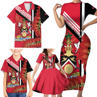 Trinidad and Tobago Family Matching Short Sleeve Bodycon Dress and Hawaiian Shirt Coat Of Arms With Chaconia Flower