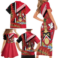 Trinidad and Tobago Family Matching Short Sleeve Bodycon Dress and Hawaiian Shirt Coat Of Arms With Chaconia Flower