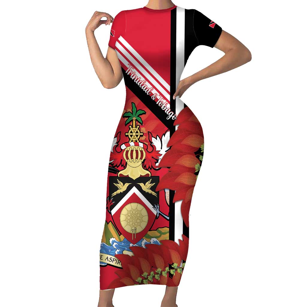 Trinidad and Tobago Family Matching Short Sleeve Bodycon Dress and Hawaiian Shirt Coat Of Arms With Chaconia Flower