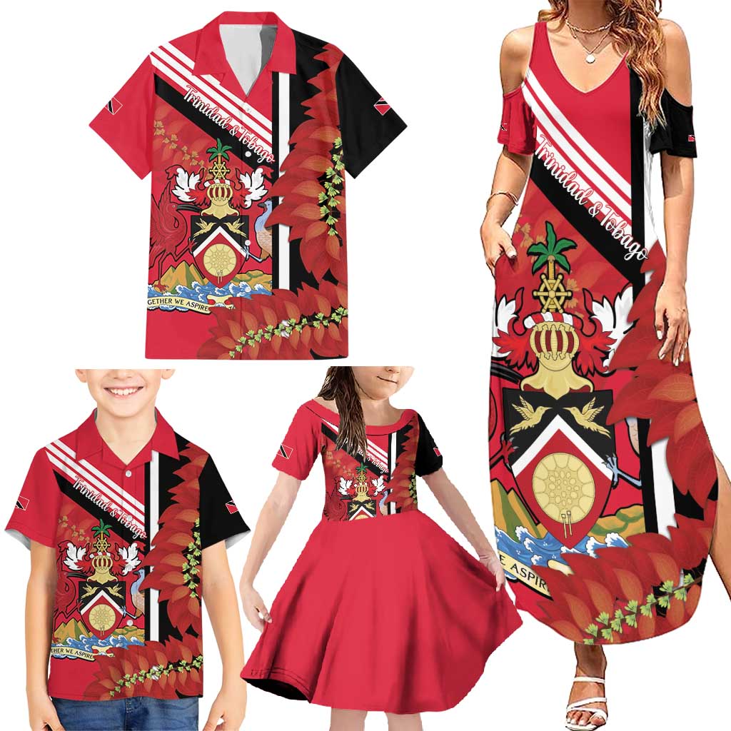 Trinidad and Tobago Family Matching Summer Maxi Dress and Hawaiian Shirt Coat Of Arms With Chaconia Flower