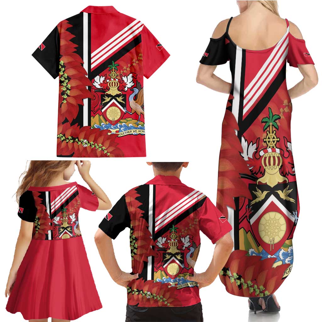 Trinidad and Tobago Family Matching Summer Maxi Dress and Hawaiian Shirt Coat Of Arms With Chaconia Flower