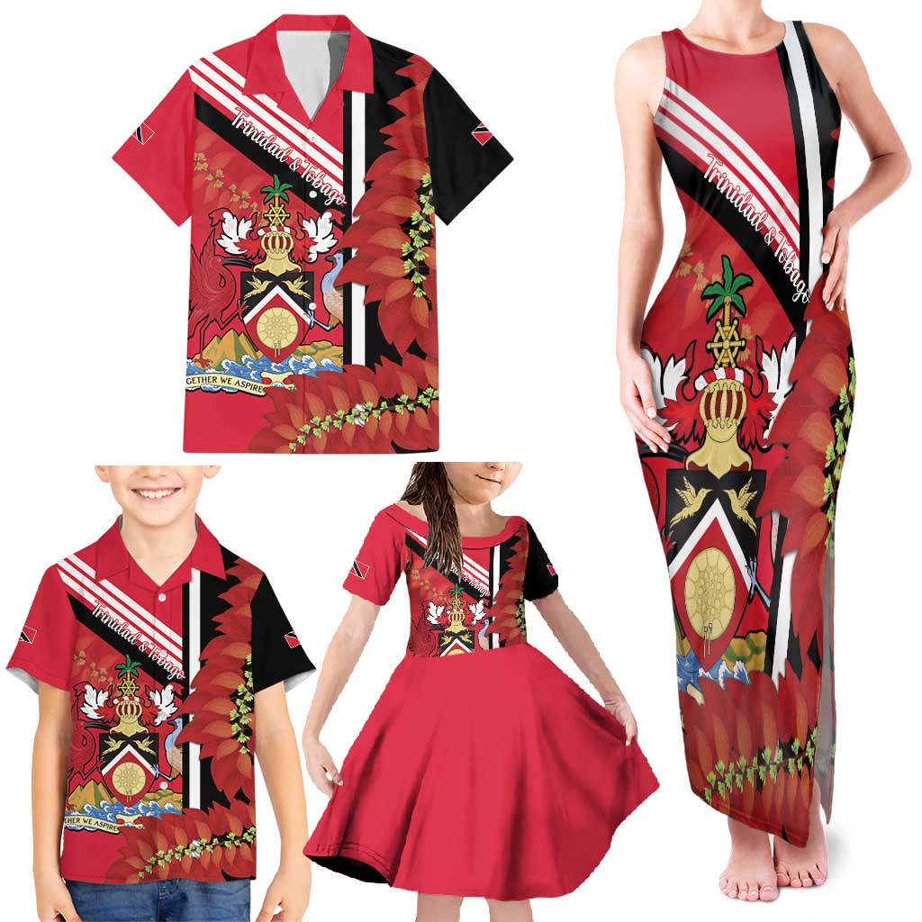 Trinidad and Tobago Family Matching Tank Maxi Dress and Hawaiian Shirt Coat Of Arms With Chaconia Flower