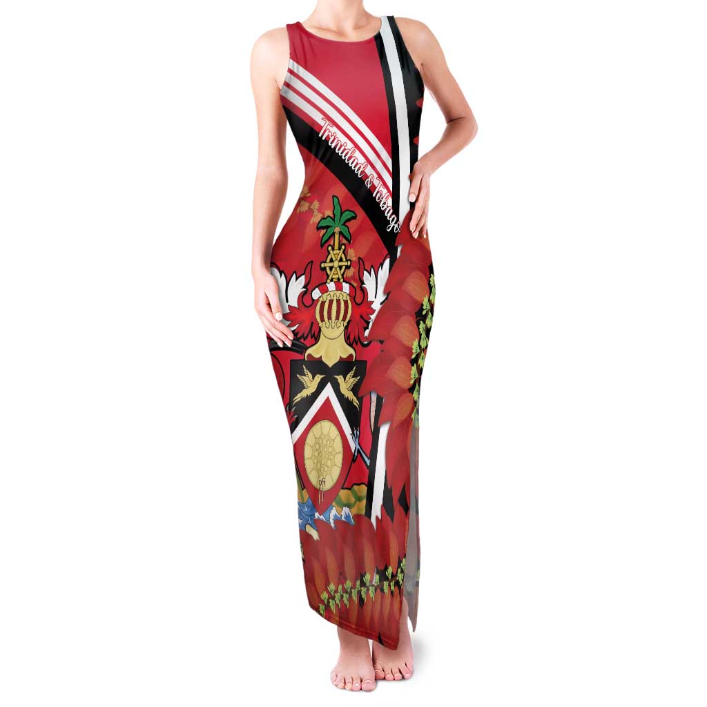 Trinidad and Tobago Family Matching Tank Maxi Dress and Hawaiian Shirt Coat Of Arms With Chaconia Flower