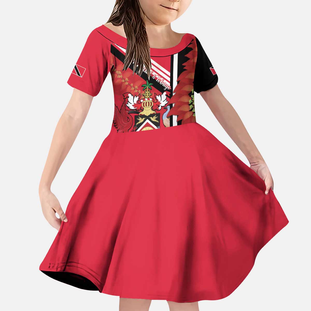 Trinidad and Tobago Kid Short Sleeve Dress Coat Of Arms With Chaconia Flower