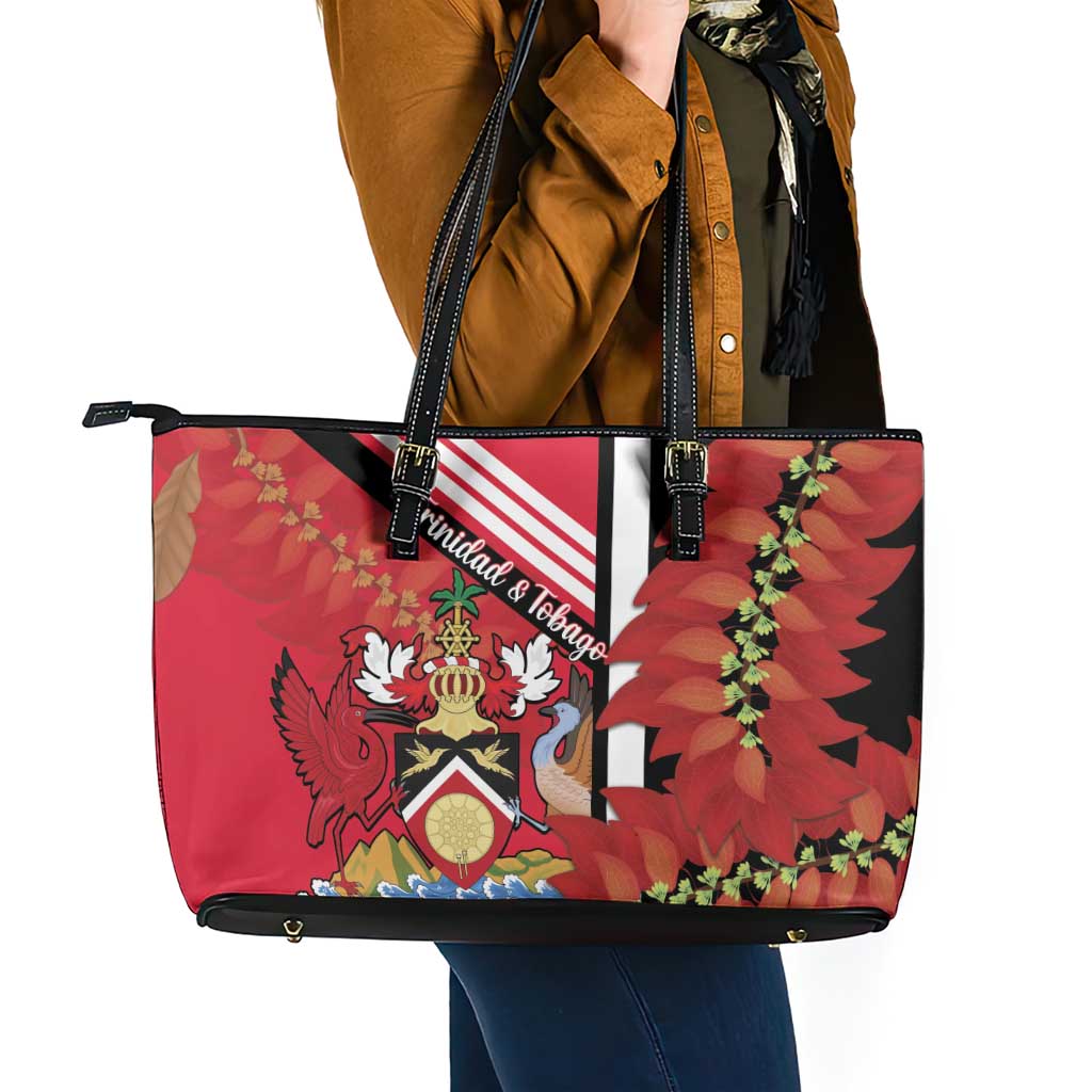 Trinidad and Tobago Leather Tote Bag Coat Of Arms With Chaconia Flower