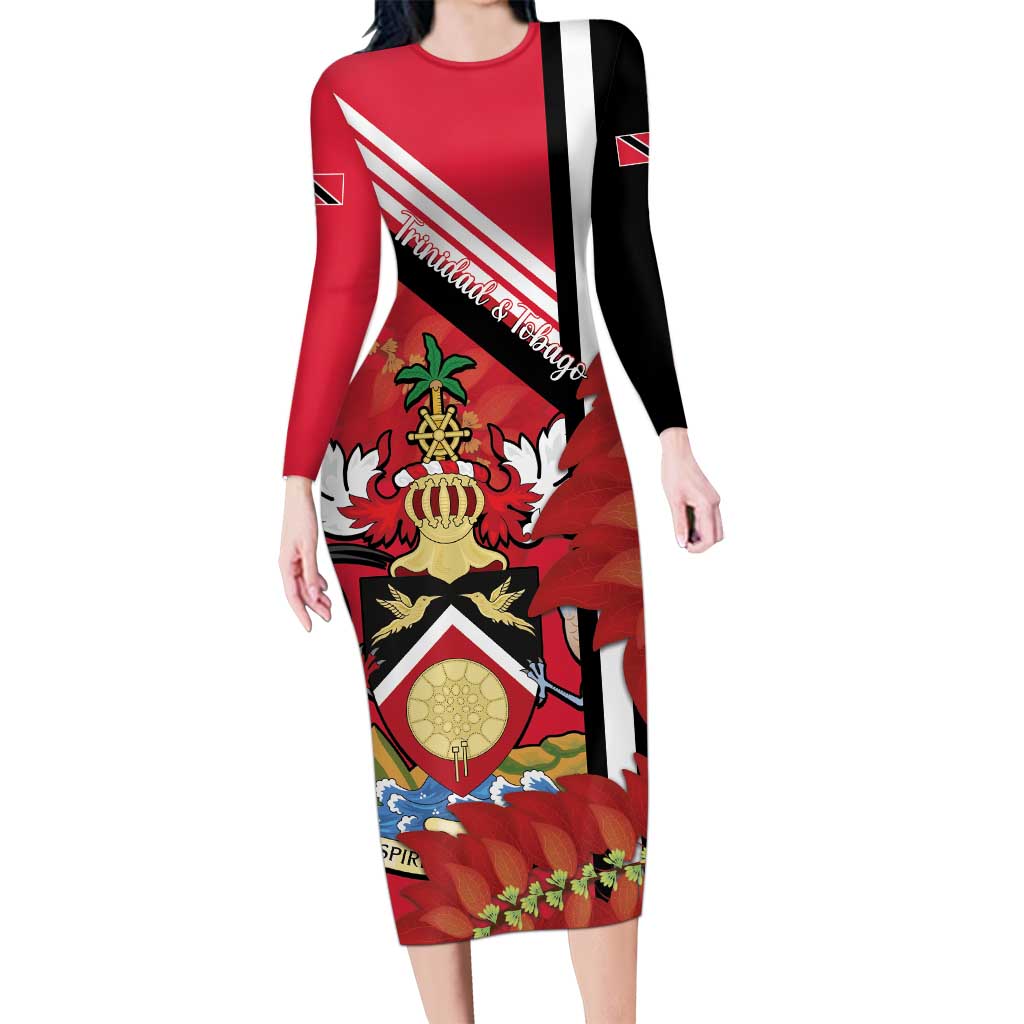 Trinidad and Tobago Long Sleeve Bodycon Dress Coat Of Arms With Chaconia Flower
