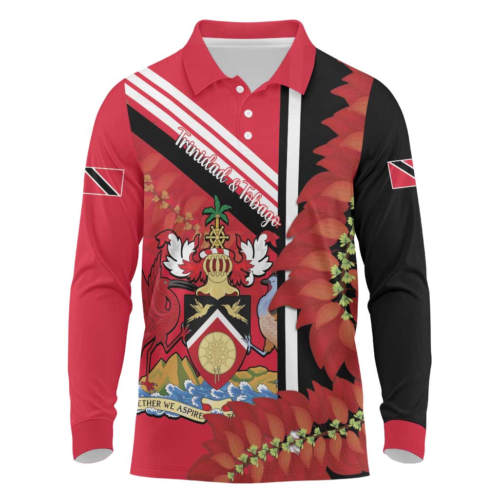 Trinidad and Tobago Long Sleeve Polo Shirt Coat Of Arms With Chaconia Flower