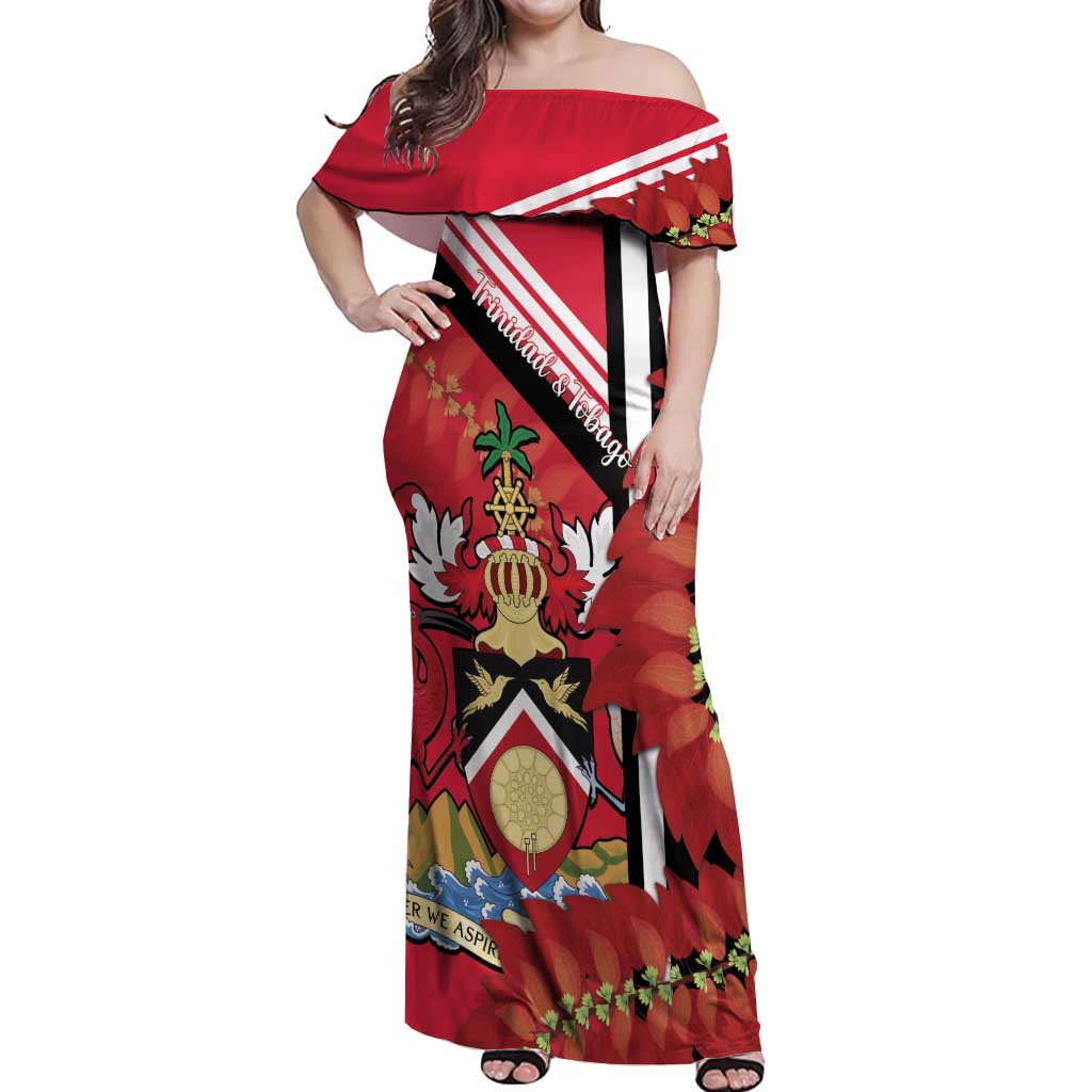 Trinidad and Tobago Off Shoulder Maxi Dress Coat Of Arms With Chaconia Flower