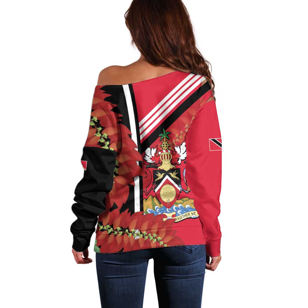 Trinidad and Tobago Off Shoulder Sweater Coat Of Arms With Chaconia Flower