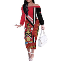 Trinidad and Tobago Off The Shoulder Long Sleeve Dress Coat Of Arms With Chaconia Flower