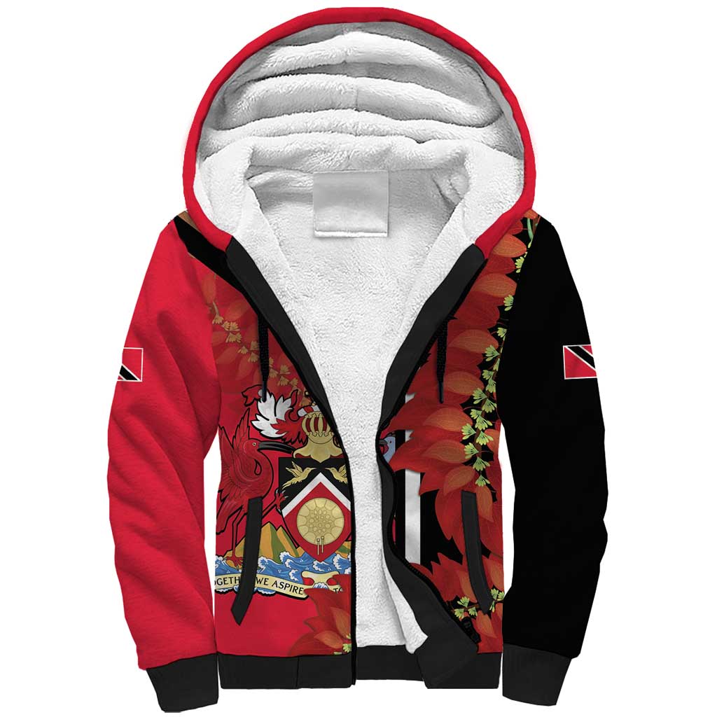 Trinidad and Tobago Sherpa Hoodie Coat Of Arms With Chaconia Flower