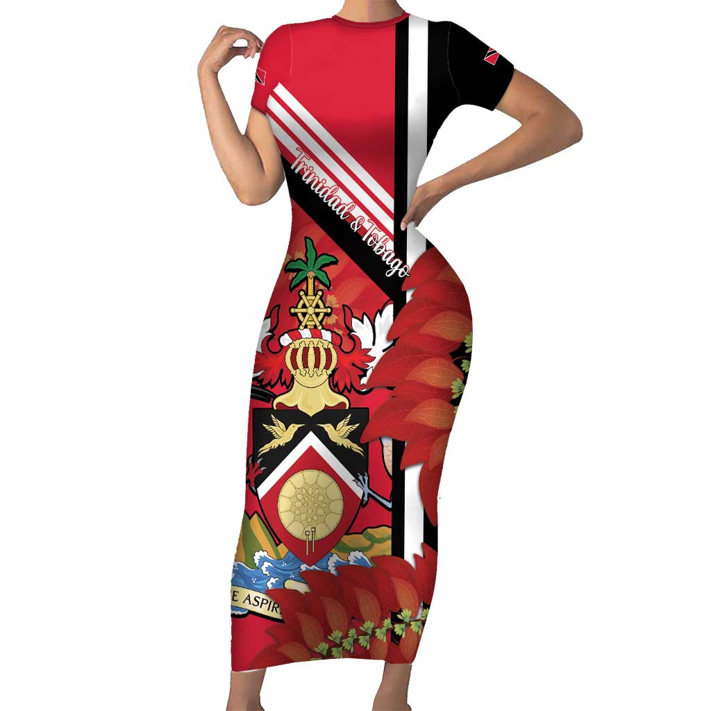 Trinidad and Tobago Short Sleeve Bodycon Dress Coat Of Arms With Chaconia Flower