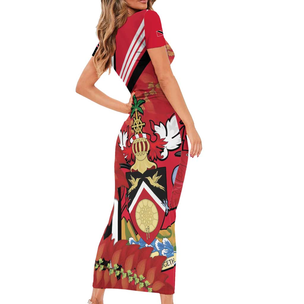 Trinidad and Tobago Short Sleeve Bodycon Dress Coat Of Arms With Chaconia Flower