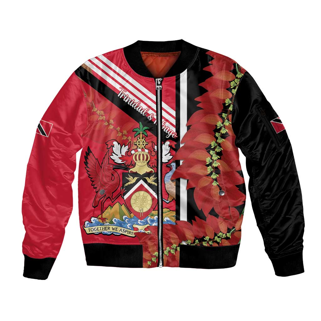 Trinidad and Tobago Sleeve Zip Bomber Jacket Coat Of Arms With Chaconia Flower