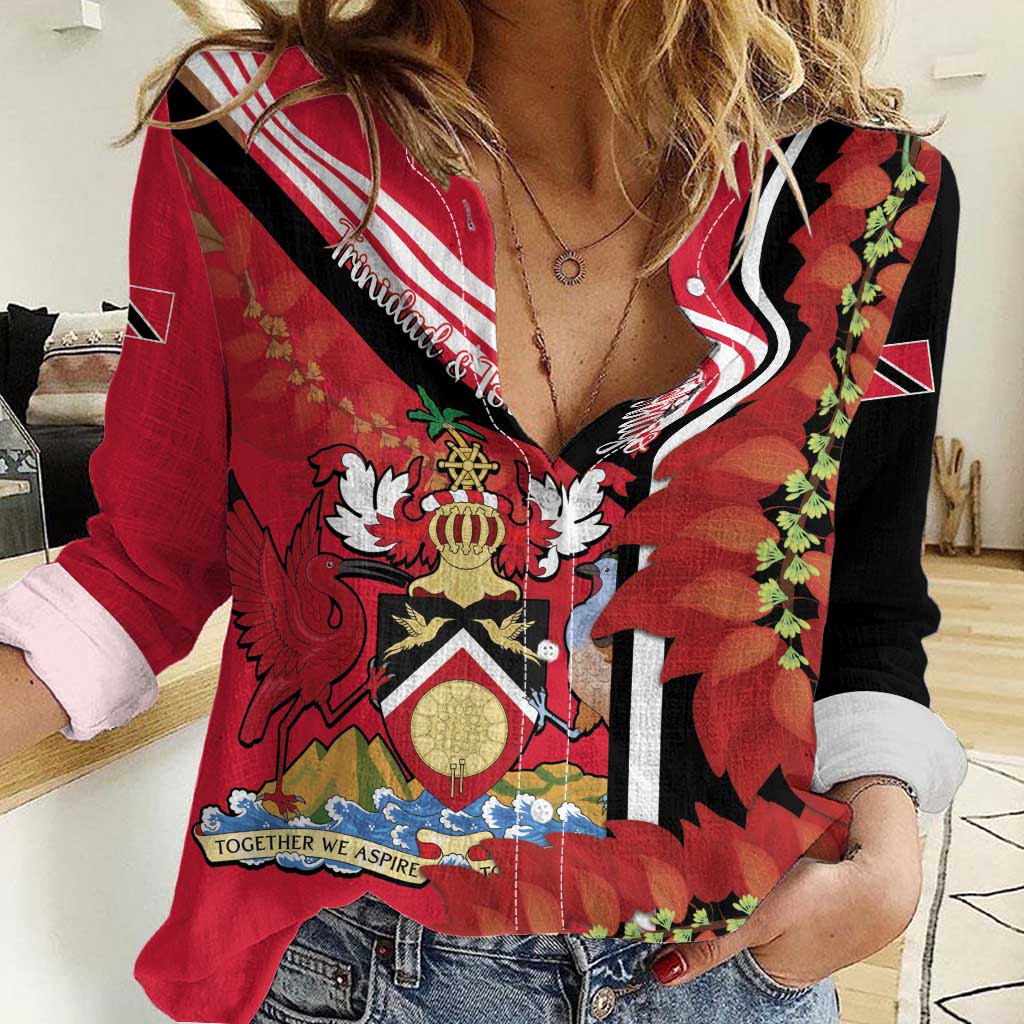 Trinidad and Tobago Women Casual Shirt Coat Of Arms With Chaconia Flower