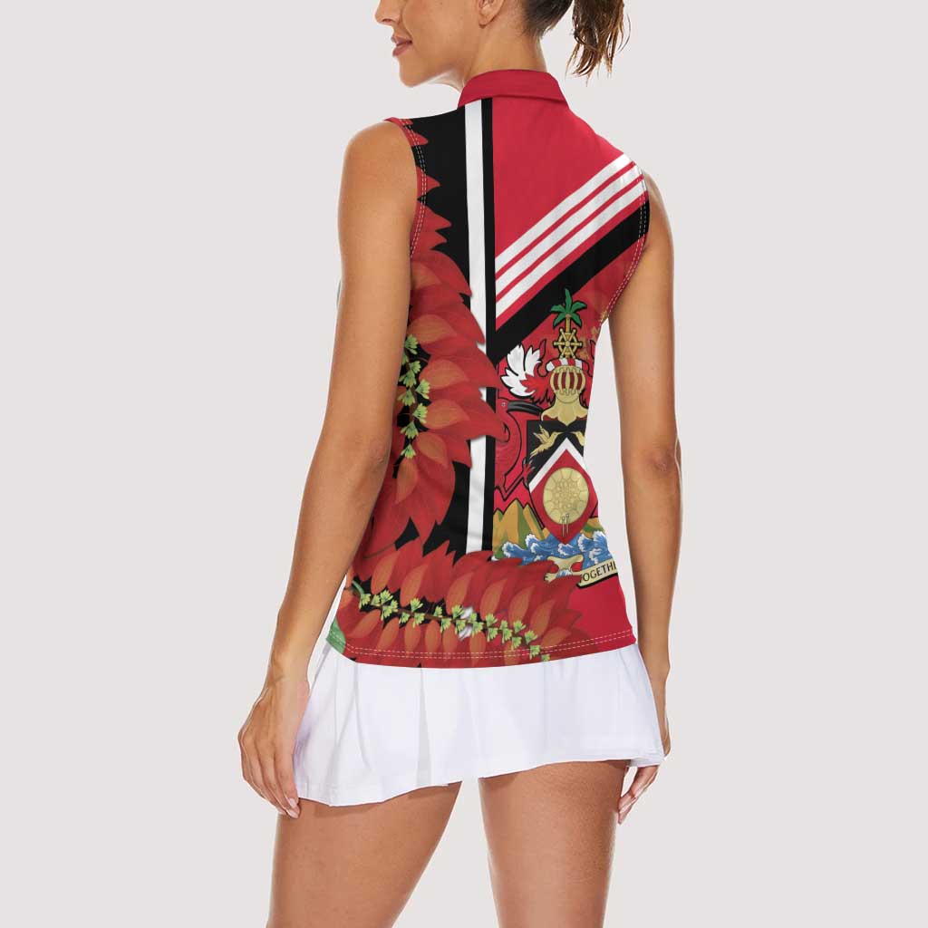 Trinidad and Tobago Women Sleeveless Polo Shirt Coat Of Arms With Chaconia Flower