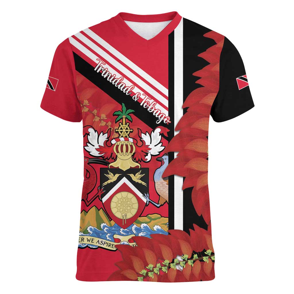Trinidad and Tobago Women V-Neck T-Shirt Coat Of Arms With Chaconia Flower
