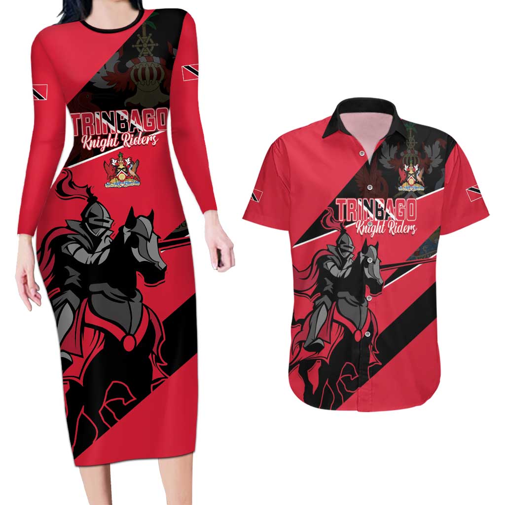 Custom Trinidad and Tobago Cricket Couples Matching Long Sleeve Bodycon Dress and Hawaiian Shirt Come On Trinbago Knight Riders