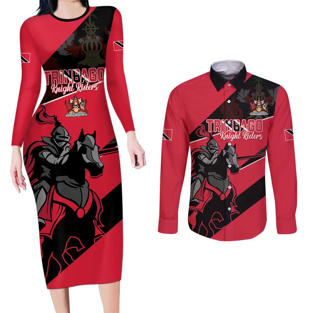 Custom Trinidad and Tobago Cricket Couples Matching Long Sleeve Bodycon Dress and Long Sleeve Button Shirt Come On Trinbago Knight Riders