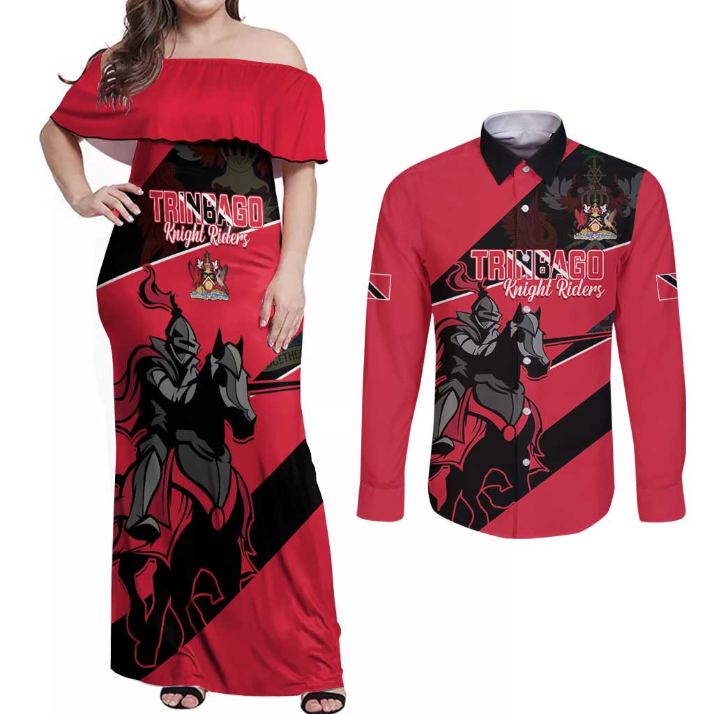 Custom Trinidad and Tobago Cricket Couples Matching Off Shoulder Maxi Dress and Long Sleeve Button Shirt Come On Trinbago Knight Riders