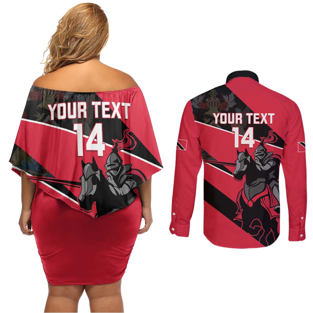 Custom Trinidad and Tobago Cricket Couples Matching Off Shoulder Short Dress and Long Sleeve Button Shirt Come On Trinbago Knight Riders