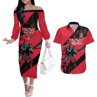 Custom Trinidad and Tobago Cricket Couples Matching Off The Shoulder Long Sleeve Dress and Hawaiian Shirt Come On Trinbago Knight Riders