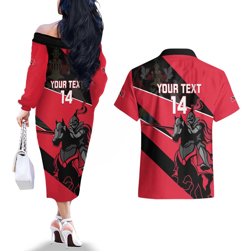 Custom Trinidad and Tobago Cricket Couples Matching Off The Shoulder Long Sleeve Dress and Hawaiian Shirt Come On Trinbago Knight Riders