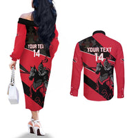 Custom Trinidad and Tobago Cricket Couples Matching Off The Shoulder Long Sleeve Dress and Long Sleeve Button Shirt Come On Trinbago Knight Riders