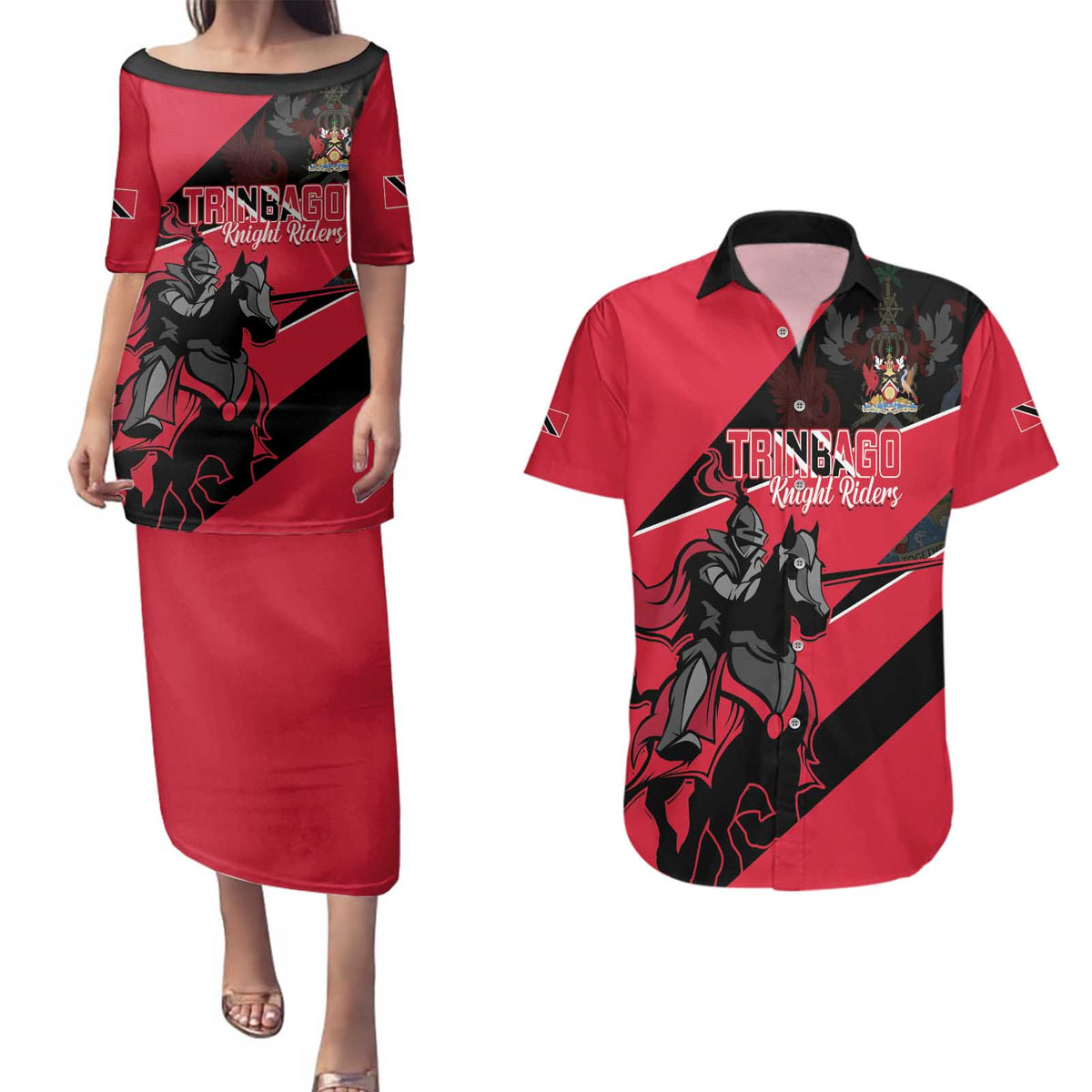 Custom Trinidad and Tobago Cricket Couples Matching Puletasi and Hawaiian Shirt Come On Trinbago Knight Riders