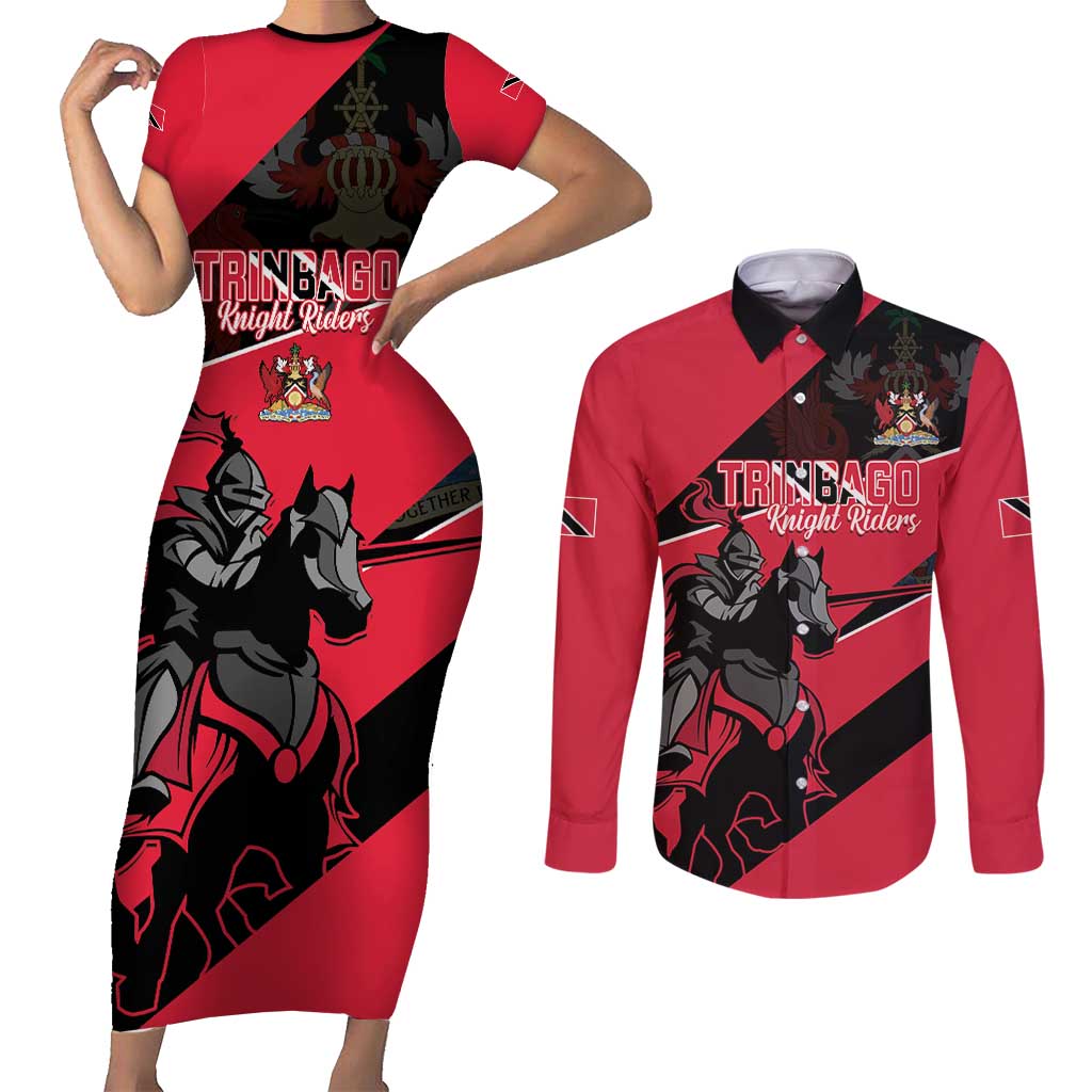Custom Trinidad and Tobago Cricket Couples Matching Short Sleeve Bodycon Dress and Long Sleeve Button Shirt Come On Trinbago Knight Riders