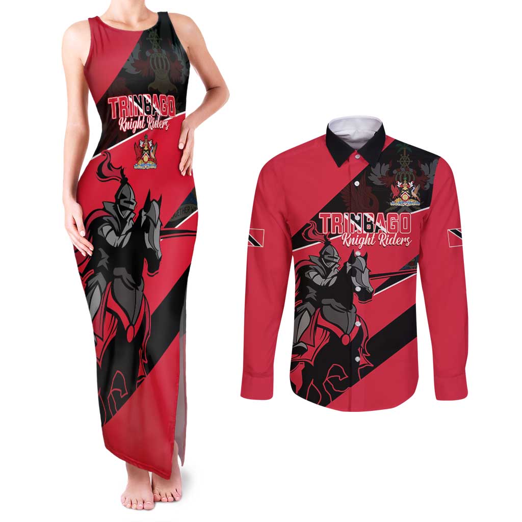 Custom Trinidad and Tobago Cricket Couples Matching Tank Maxi Dress and Long Sleeve Button Shirt Come On Trinbago Knight Riders