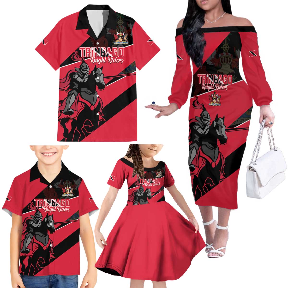 Custom Trinidad and Tobago Cricket Family Matching Off The Shoulder Long Sleeve Dress and Hawaiian Shirt Come On Trinbago Knight Riders