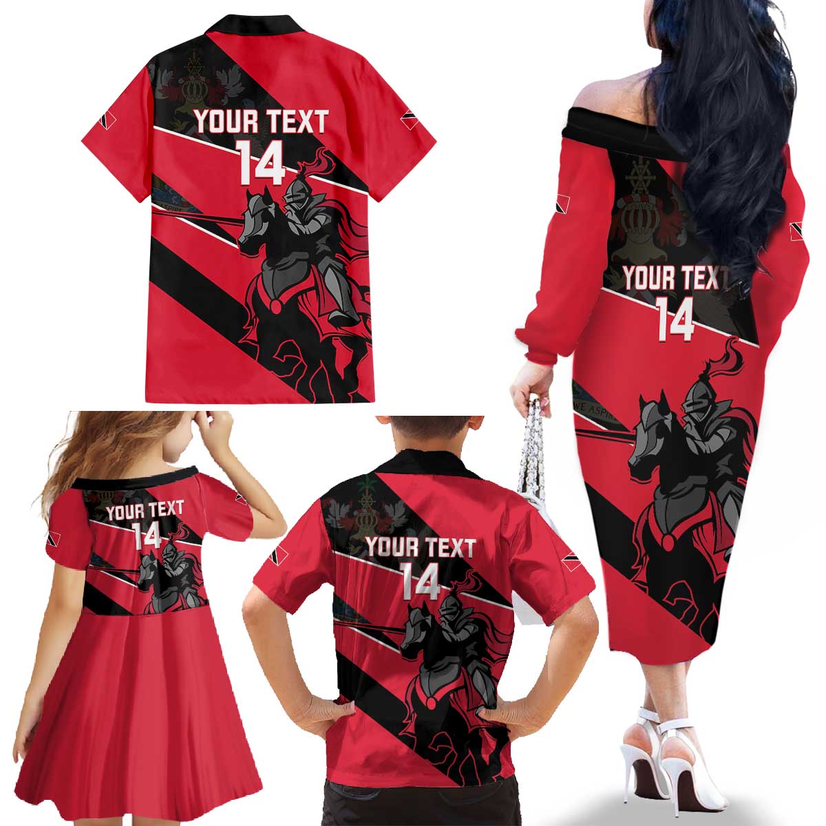 Custom Trinidad and Tobago Cricket Family Matching Off The Shoulder Long Sleeve Dress and Hawaiian Shirt Come On Trinbago Knight Riders