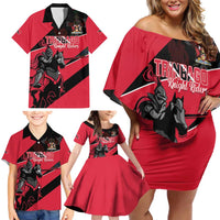 Custom Trinidad and Tobago Cricket Family Matching Off Shoulder Short Dress and Hawaiian Shirt Come On Trinbago Knight Riders