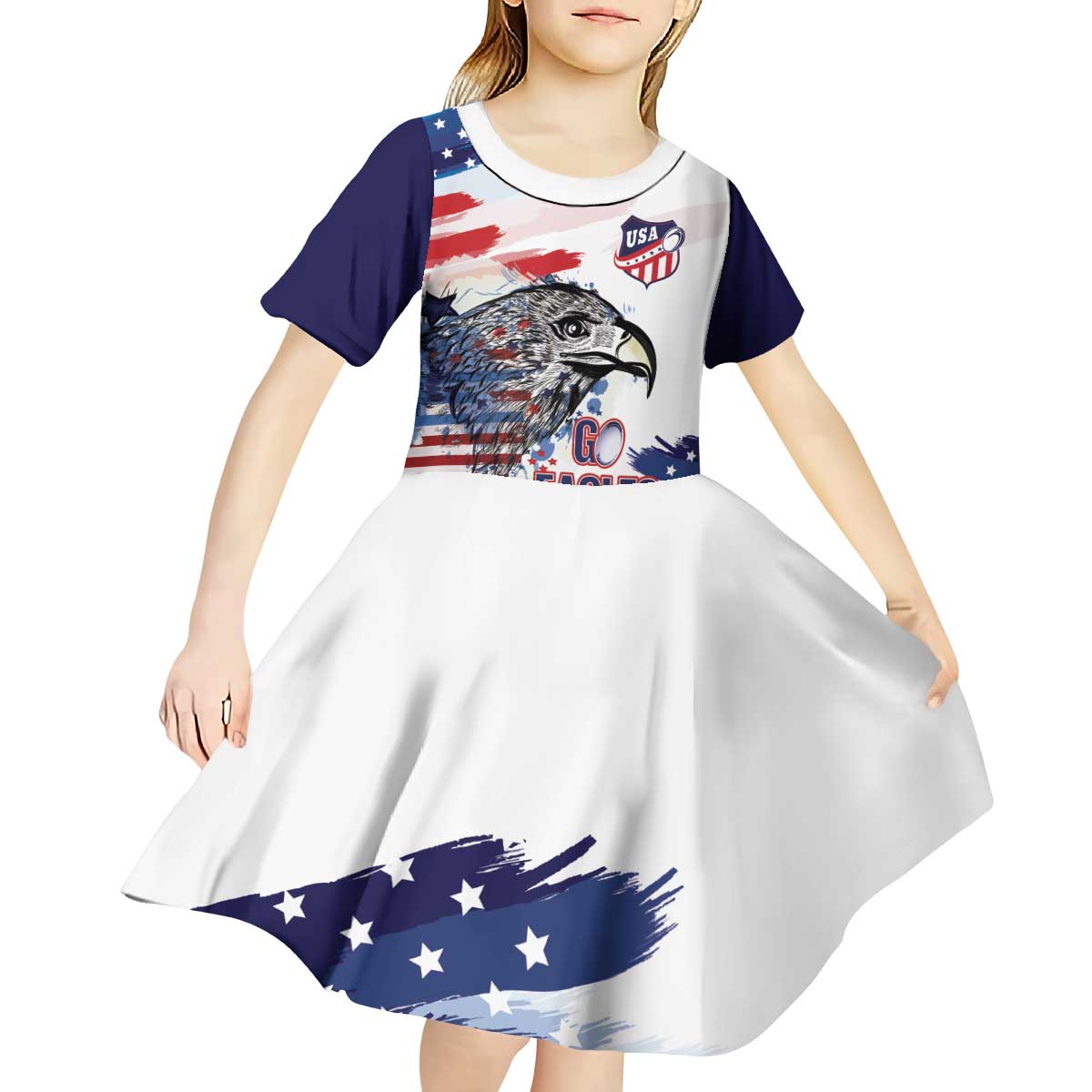 USA 2026 Rugby Custom Kid Short Sleeve Dress Go Eagle Brushes Style