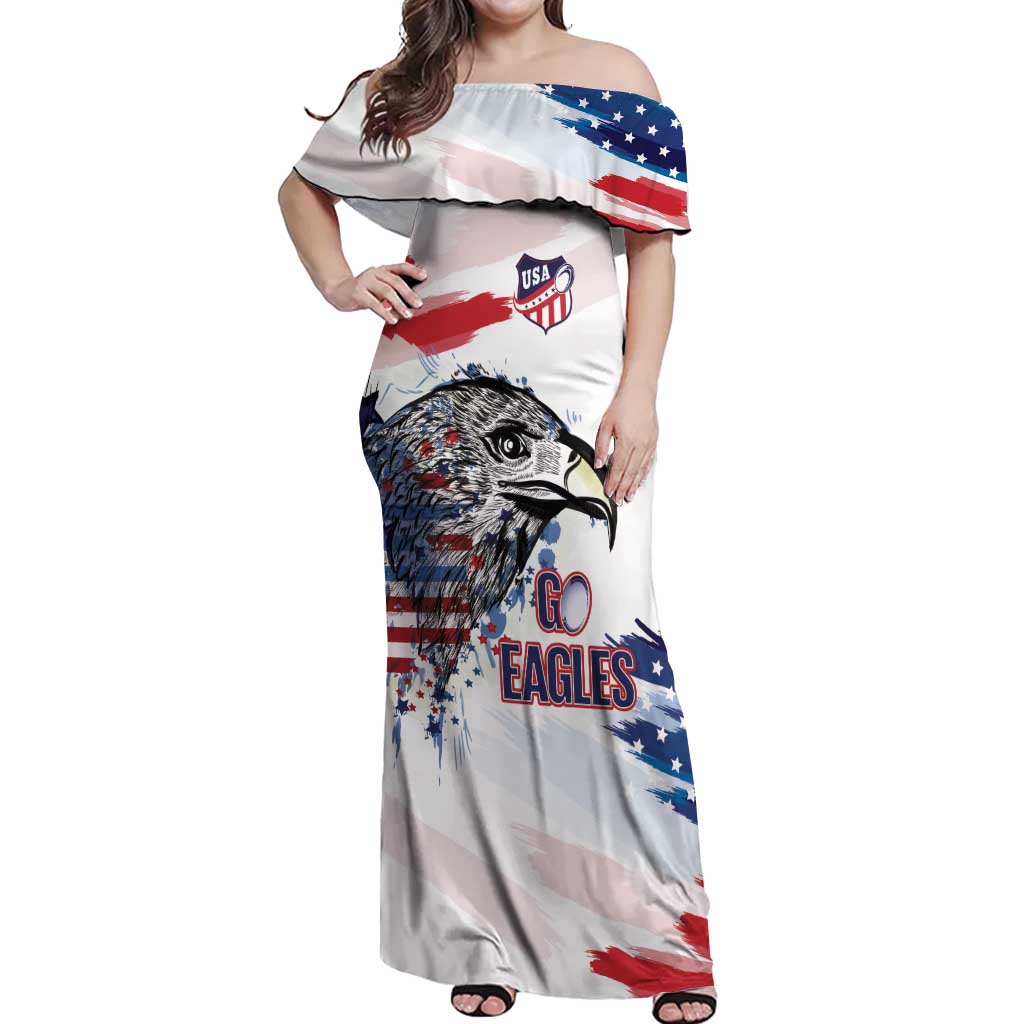 USA 2026 Rugby Custom Off Shoulder Maxi Dress Go Eagle Brushes Style