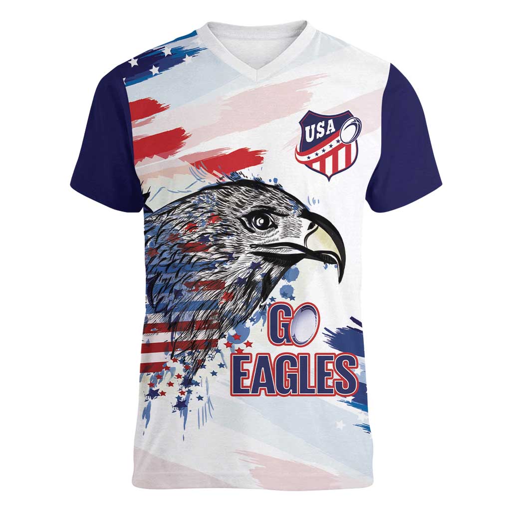 USA 2026 Rugby Custom Women V-Neck T-Shirt Go Eagle Brushes Style