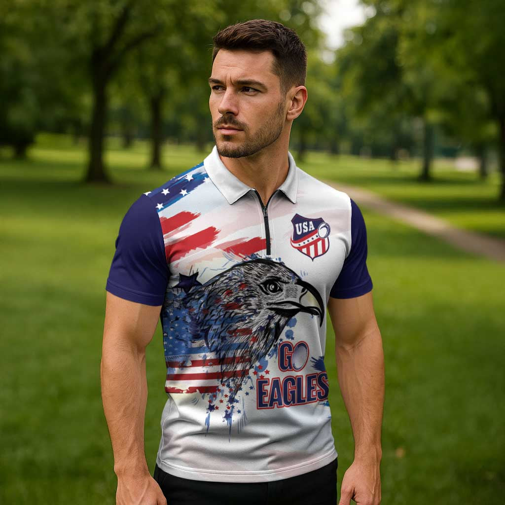 USA 2026 Rugby Custom Zipper Polo Shirt Go Eagle Brushes Style
