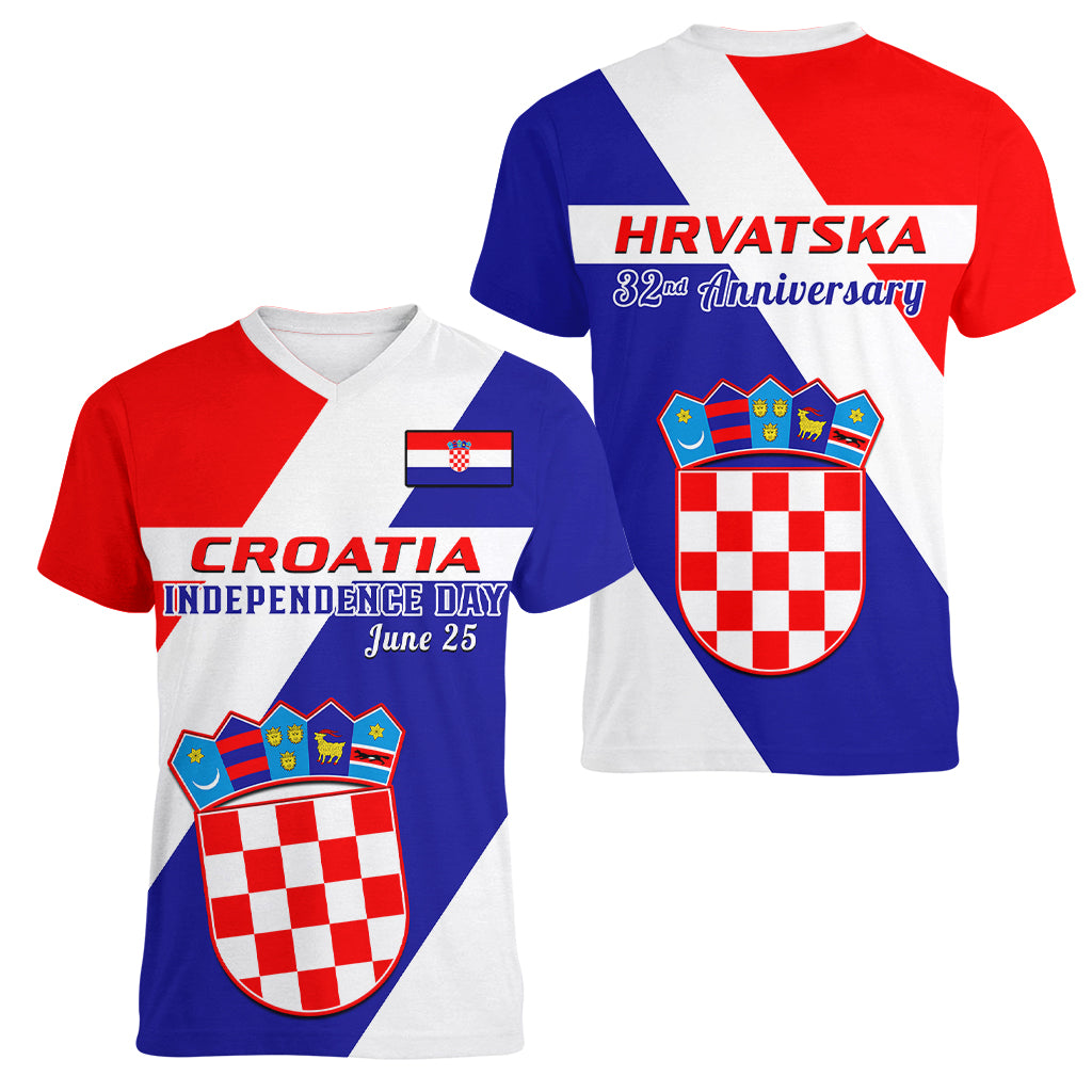 June 25 Croatia Women V Neck T Shirt Independence Day Hrvatska Coat Of Arms 32nd Anniversary - Wonder Print Shop